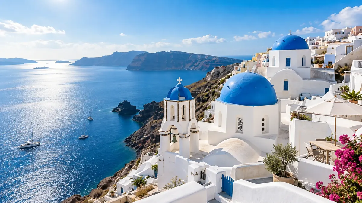 White cliffside homes and a blue-domed church in Oia, Santorini